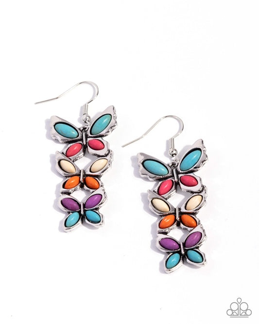 Fluttering Fantasy - Multicolored Turquoise, Pink, Orange, Purple Stone Butterfly Earring Paparazzi E3114