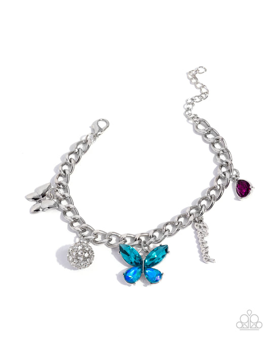Luminous Lift - Multicolored Gem Blue Butterfly, Pink Gem, Silver "Blessed" Inspirational Charm Style Bracelet Paparazzi B2461