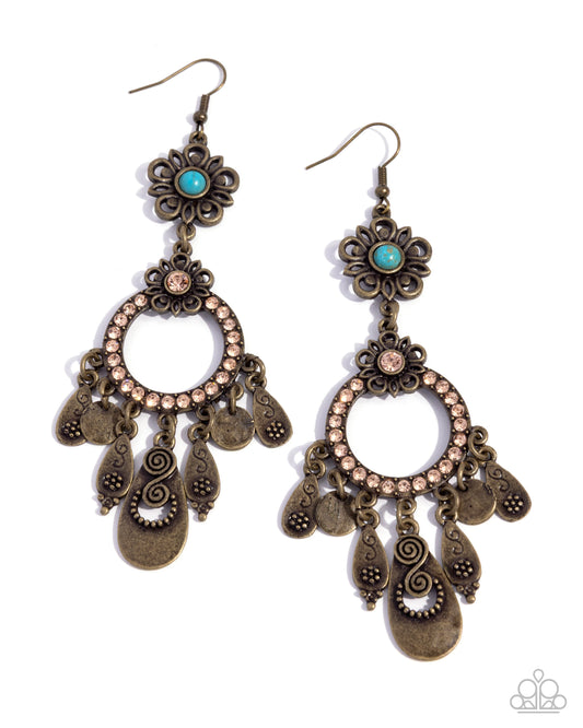 Majestic Mosaic - Brass Flower & Blue Turquoise Stone Fringe Earring Santa Fe Style Paparazzi E3093