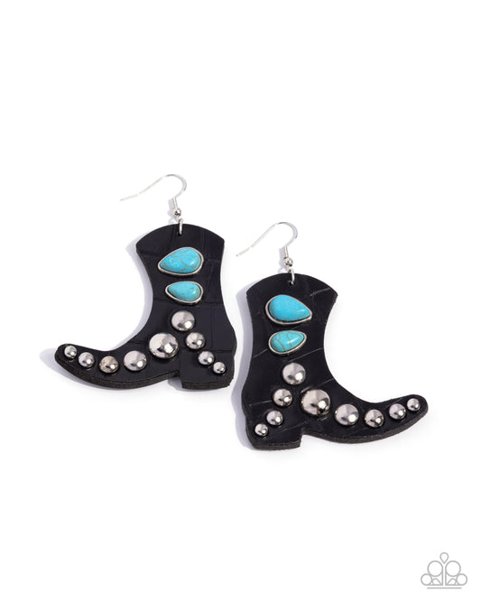 Paparazzi These Boots Were Made for Dancing - Black Leather Cowboy Boot, Turquoise Western Look Earring