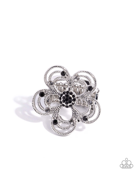 Paparazzi Still Studs - Black & Smoky Rhinestone 3-D Silver Flower Ring R1212