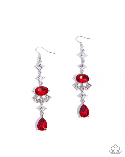 Unmatched Shimmer - Red Teardrop & White Gem Vertical Chain Earring Paparazzi