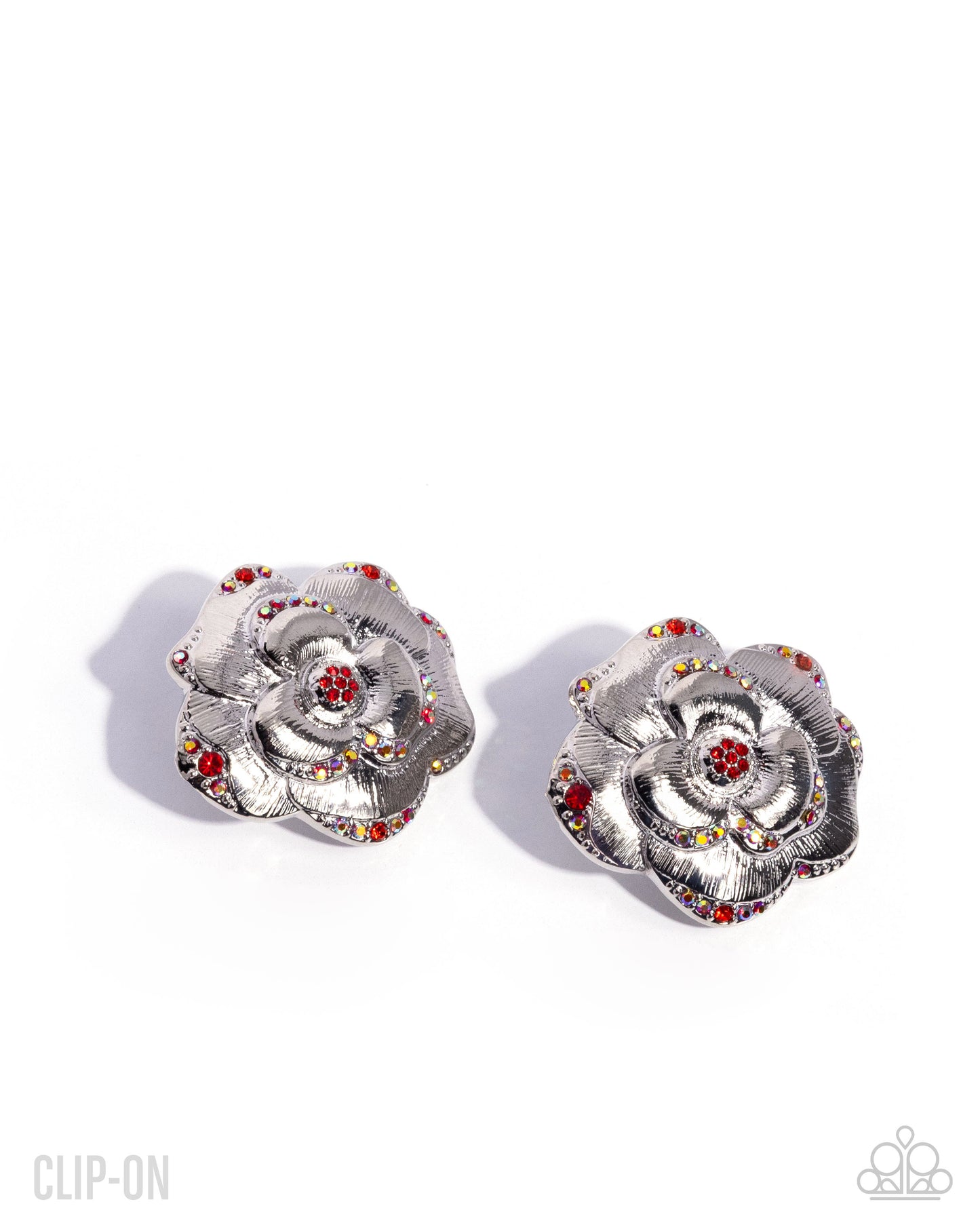 Paparazzi Rosy Reunion - Red Iridescent & Light Red Rhinestone Silver Flower Clip-on Earring