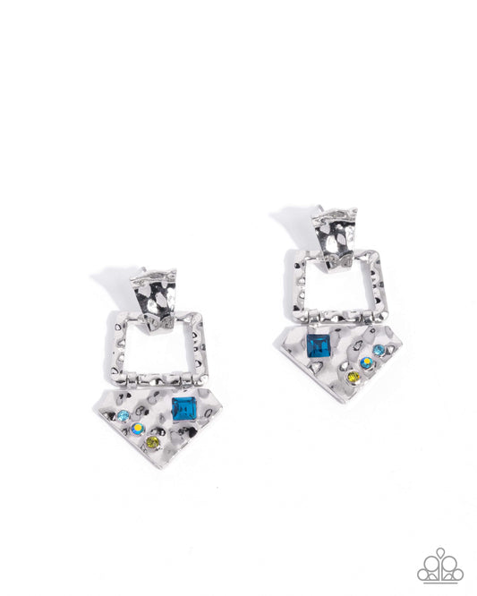 Paparazzi Hardware Headline - Blue Aquamarine, Emerald Iridescent Rhinestone Silver Hammered Earring E3157