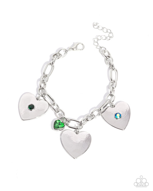 In Love With You - Green Emerald Iridescent Rhinestone Dotted Silver Heart Charm Style Bracelet Paparazzi