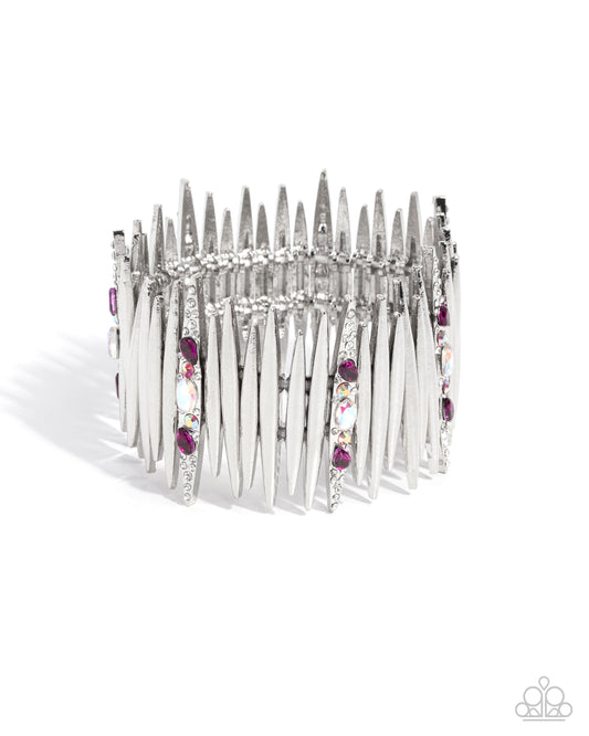 Paparazzi Pointed Potential - Pink, Rose Iridescent Rhinestone, Fuchsia Gem Silver Stretch Bracelet B2562