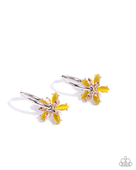 Floral Freedom - Multi Yellow Cat's Eye Stone Flower 1 Inch Hoop Earring Paparazzi E3111