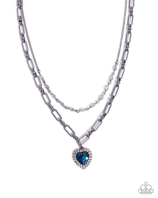 Paparazzi Match Made In HAUTE - Blue Heart Gem, Uv Shimmery Bead Gunmetal Layered Chain Necklace N3675