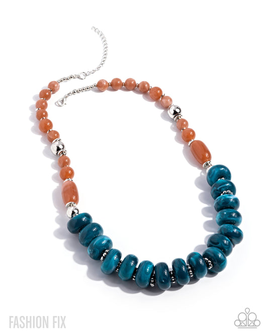 Bubbly Broadcast - Blue Swirled & Terracotta Bead Necklace Glimpses Of Malibu Fashion Fix July 2025 Paparazzi N3474