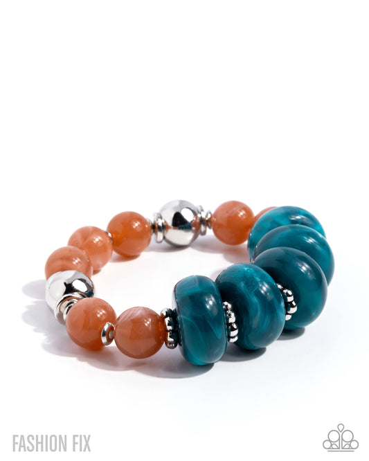 Bright Broadcast - Blue Swirled & Soft Terracotta Bead Stretch Bracelet Glimpses Of Malibu Fashion Fix July 2025 Paparazzi B2311