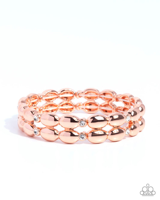 Stacked Statement - Copper - Shiny Copper Bead & White Rhinestone Stretch Bracelet Paparazzi B2458