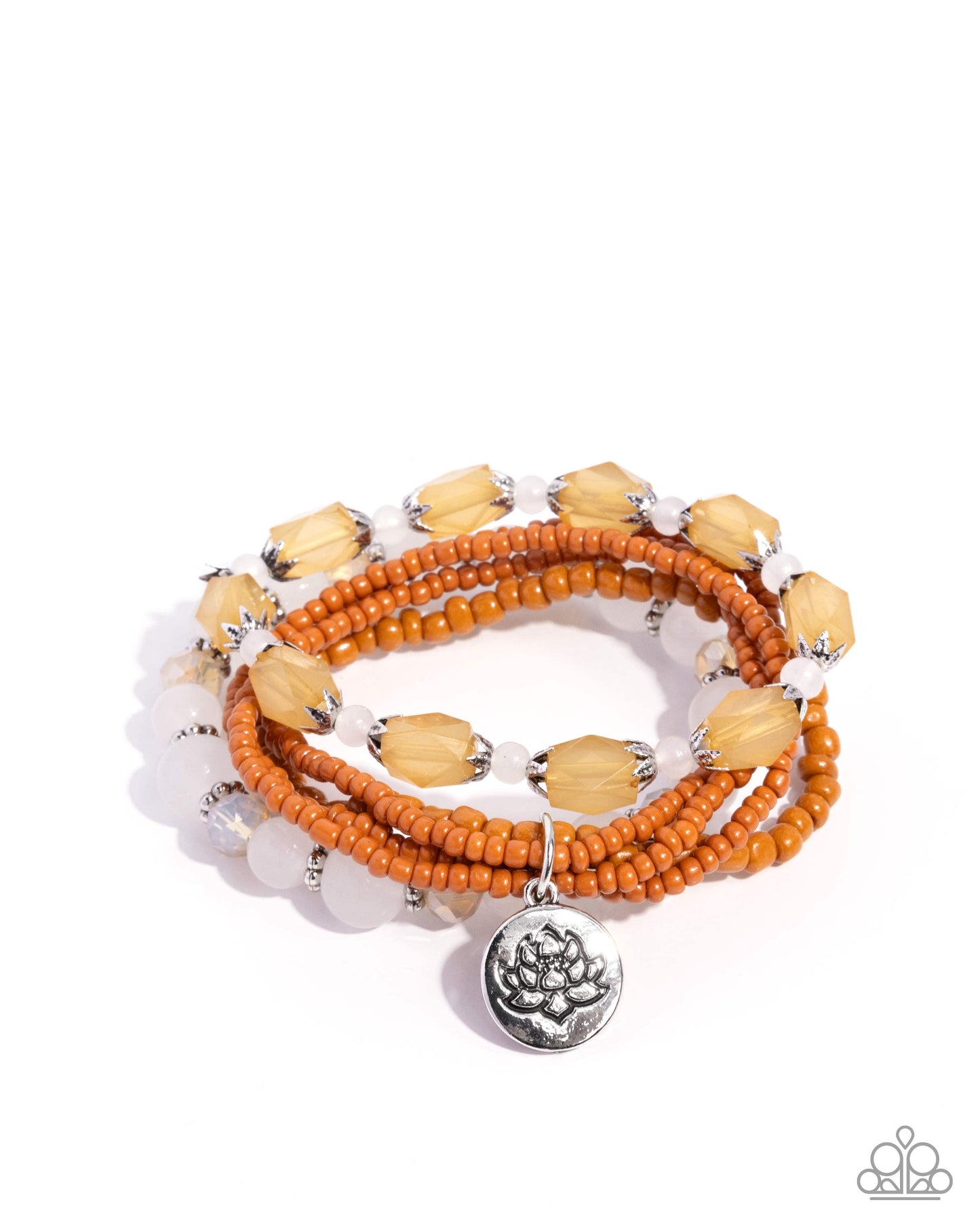 Lotus Moment - White, Silver, Light Peach, Peach UV Shimmy Bead Set Of 3 Stretch Bracelet Paparazzi B2449