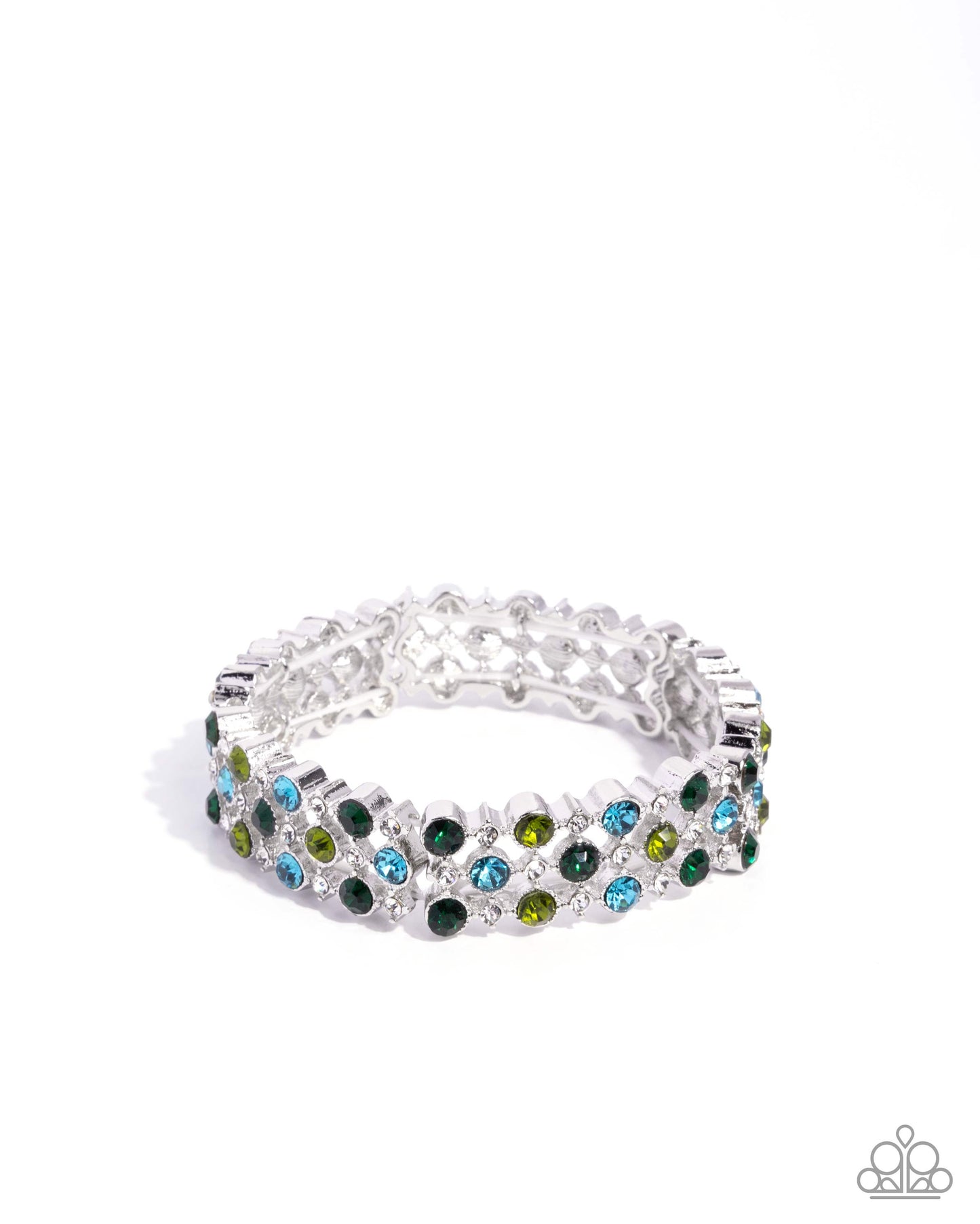 Ladylike Lattice - Green Emerald, Aquamarine & Olive Rhinestone Stretch Bracelet Paparazzi