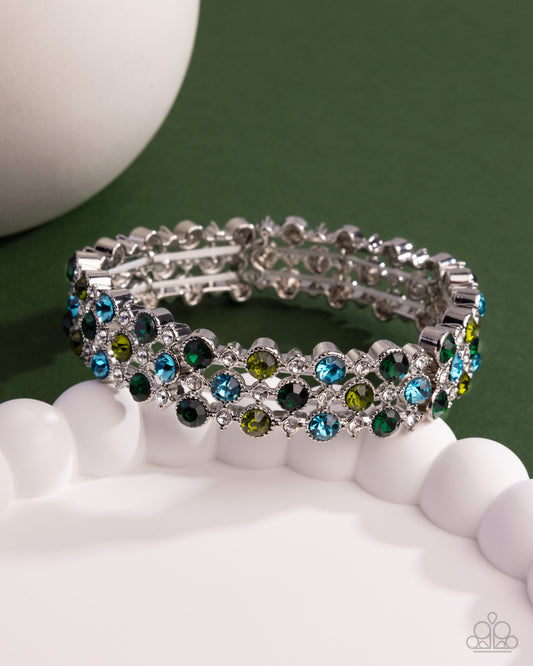 Ladylike Lattice - Green Emerald, Aquamarine & Olive Rhinestone Stretch Bracelet Paparazzi