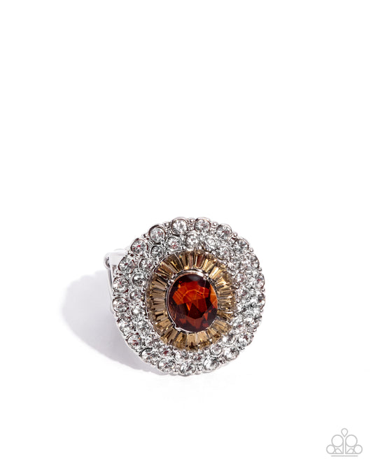 Oval Opening - Brown Topaz Gem White Rhinestone Ring Paparazzi R1088