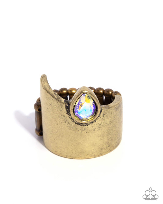 Sharp Sighted - Brass Band & UV Shimmery Yellow Teardrop Gem Ring Paparazzi R1193