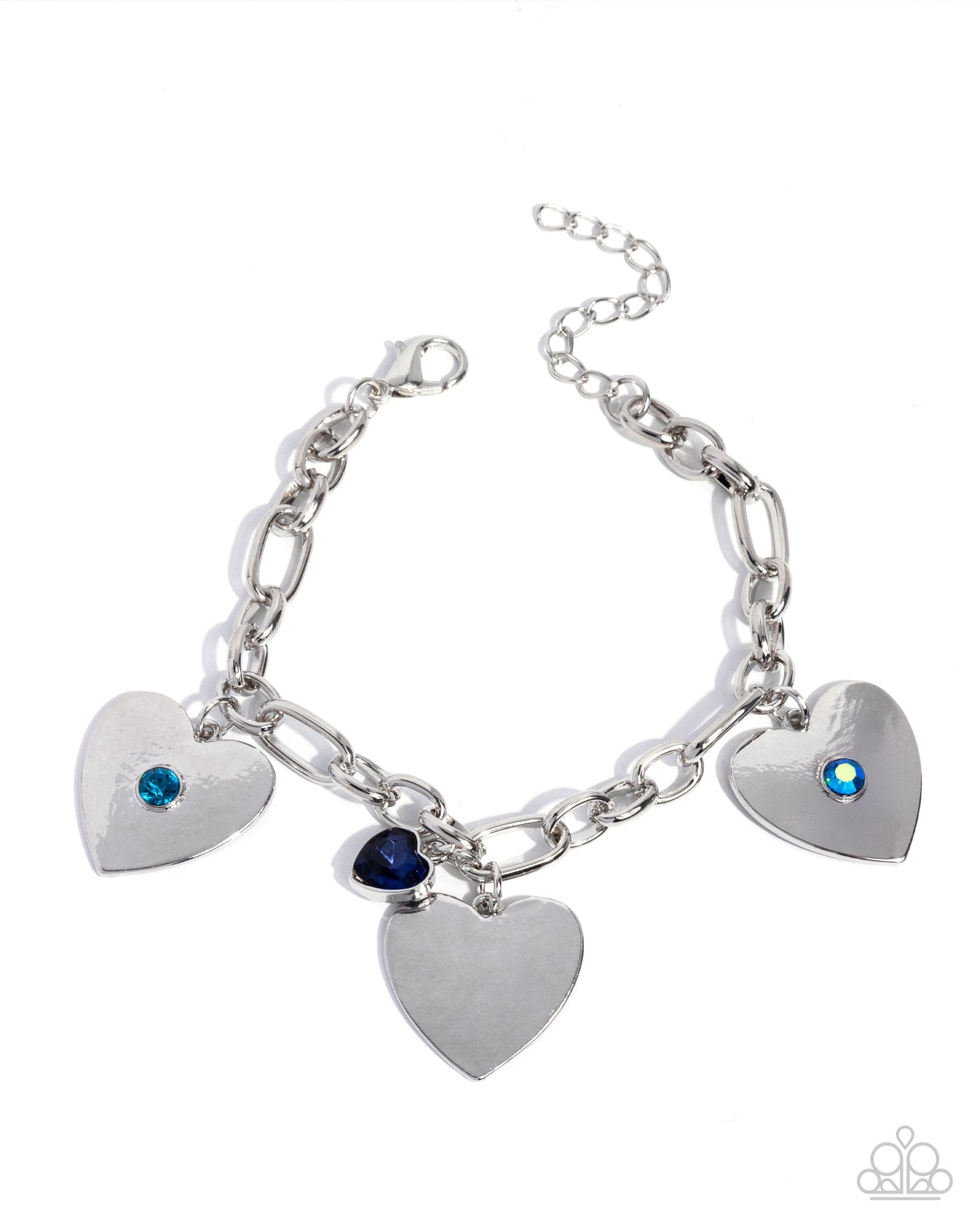 Paparazzi In Love With You - Blue & Blue Iridescent Zircon Rhinestone Silver Heart Charm Bracelet B1819