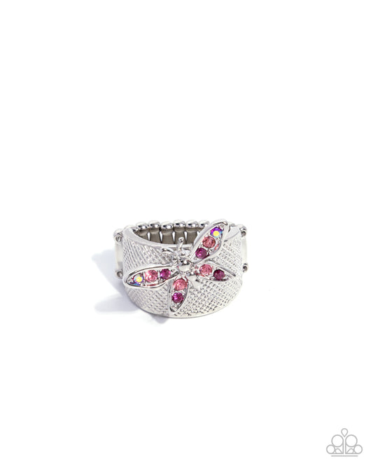 Paparazzi Gated Glide - Pink Rose, Fuchsia & Iridescent Rhinestone Butterfly Silver Ring