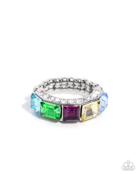Traditional Treasure - Multicolored Green, Pink, Yellow & Blue Rhinestone Rainbow Ring Paparazzi R1120