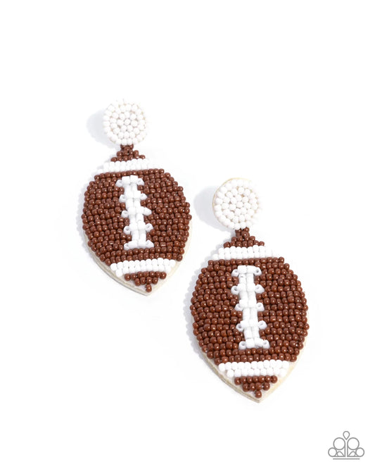 Paparazzi Football Fan - Brown and White Seed Bead Sports Post Earrings E3251