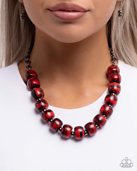 Paparazzi Swirled Serenity - Red & Black Swirled Acrylic Bead Gunmetal Necklace