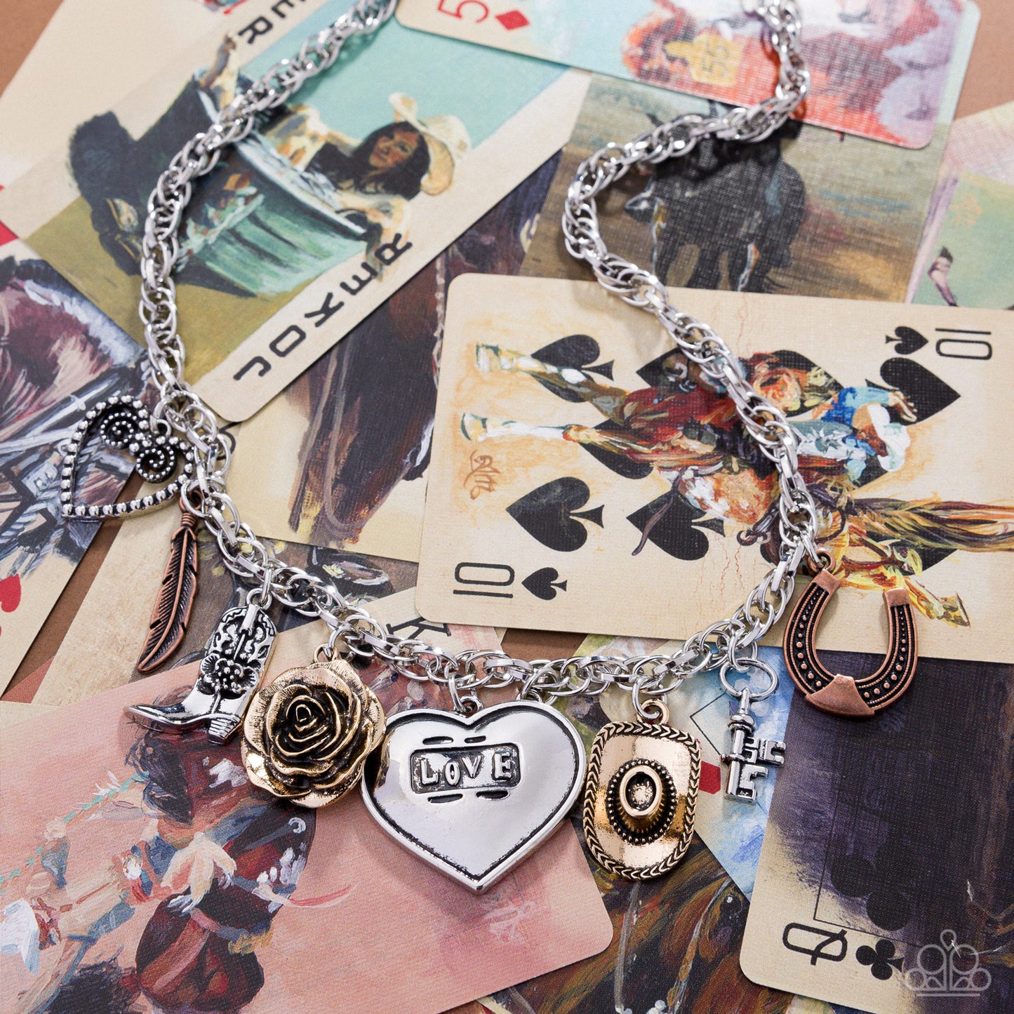 Paparazzi Badlands Boutique - Multi Antiqued Silver Charm Style Copper Horseshoe, Silver Key, Gold Cowboy Hat, Gold Rosette Necklace N3880