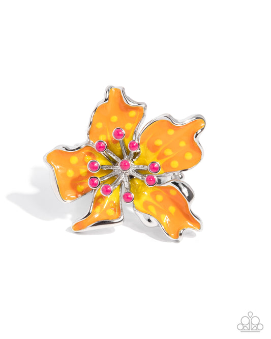 Paparazzi Fast Florals - Orange Painted Flower Silver Ring R1207