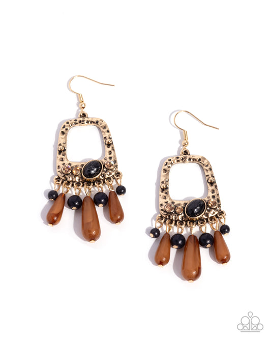 Creative Craft - Black Stone, Gold Studs & Light Topaz Rhinestone Fringe Earring Paparazzi E3137
