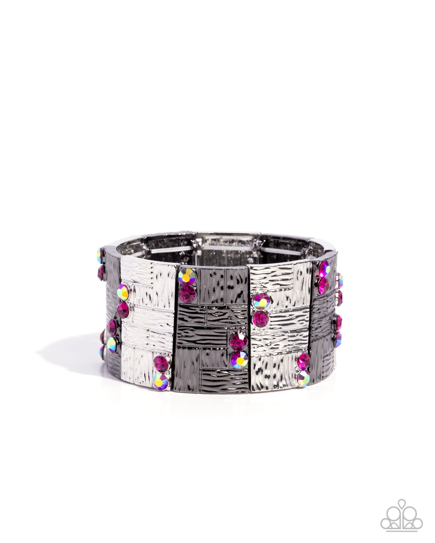 Paparazzi Plated Potential - Pink Fuchsia & Iridescent Rhinestone, Silver Gunmetal Stretch Bracelet B1099