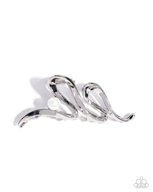 Paparazzi Melodic Monarch - White Pearl Silver Wave Metallic Hair Claw Clip