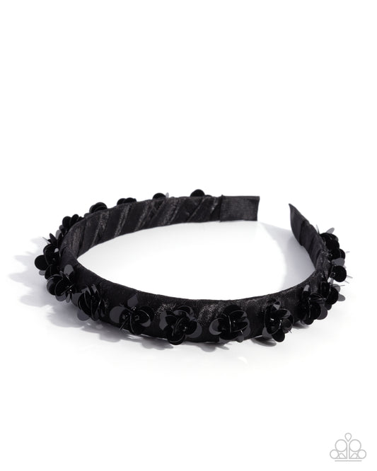 Floral Film - Black Sequin Flower Ribbon Band Headband Paparazzi H0229