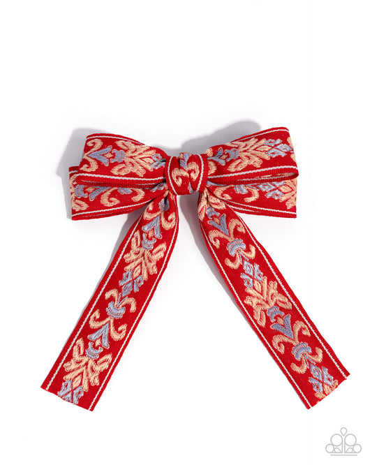 Printed Parlor - Red, Blue White Vintage European Pattern Ribbon Hair Bow Clip Paparazzi H0221