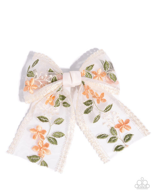 Garden Guardian - Orange Flowers, Green Leave & White Lace Trimmed Hair Bow Paparazzi H0194