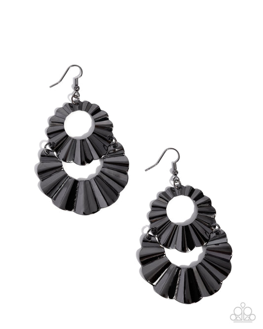 Crimped Consistency - Black Gunmetal Scalloped Double Drop Earring Paparazzi E3025