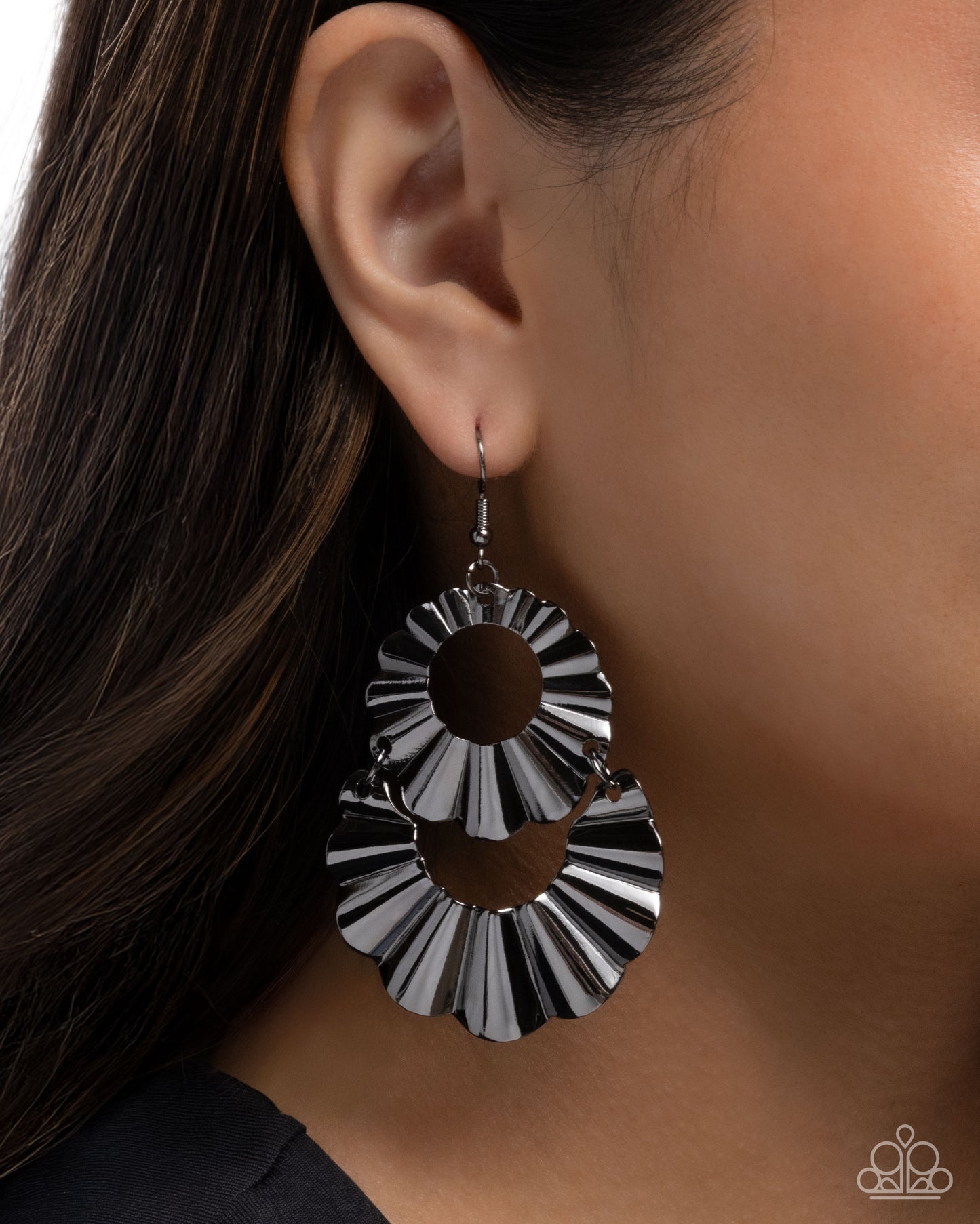 Crimped Consistency - Black Gunmetal Scalloped Double Drop Earring Paparazzi E3025