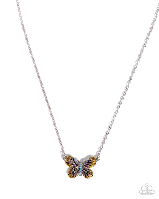 Paparazzi Gliding Glam - Yellow, Topaz, Light Rose, Light Violet, Iridescent Blue Rhinestone SilverButterfly Pendant Necklace