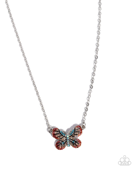 Gliding Glam - Orange, Rose, Peach, Iridescent Blue Rhinestone Butterfly Necklace Paparazzi N3508