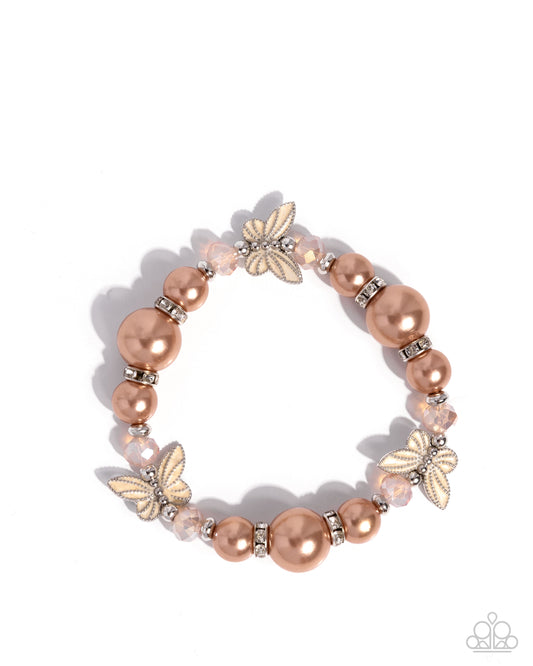 Soaring Sheen - Brown Bran Pearl, Peach Pearl Painted Butterfly Stretch Bracelet Paparazzi B2398
