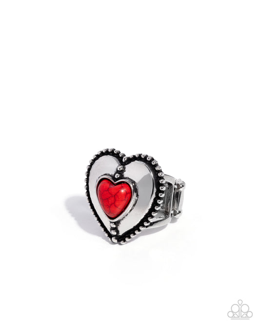 COURTING Chance - Red Heart Stone Silver Ring Santa Fe Style Paparazzi R1158