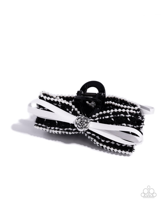 Private School - Black & White Plaid Pearly Ribbon Acrylic Hair Claw Clip Paparazzi H0216
