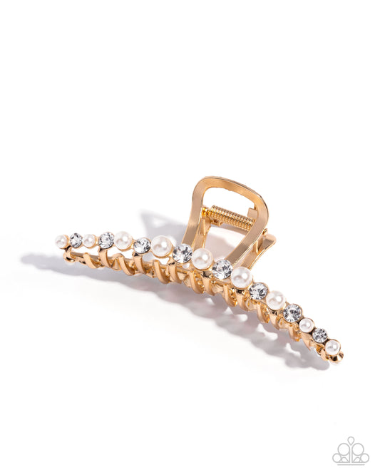 Social Shimmer - Gold White Gem & Pearl Hair Claw Clip Paparazzi H0200