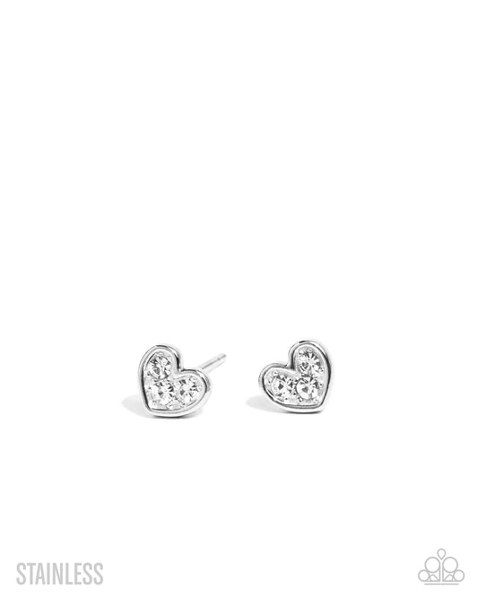 All My Affection - White Rhinestone Silver Heart Stainless Steel Post Earring Paparazzi E3110