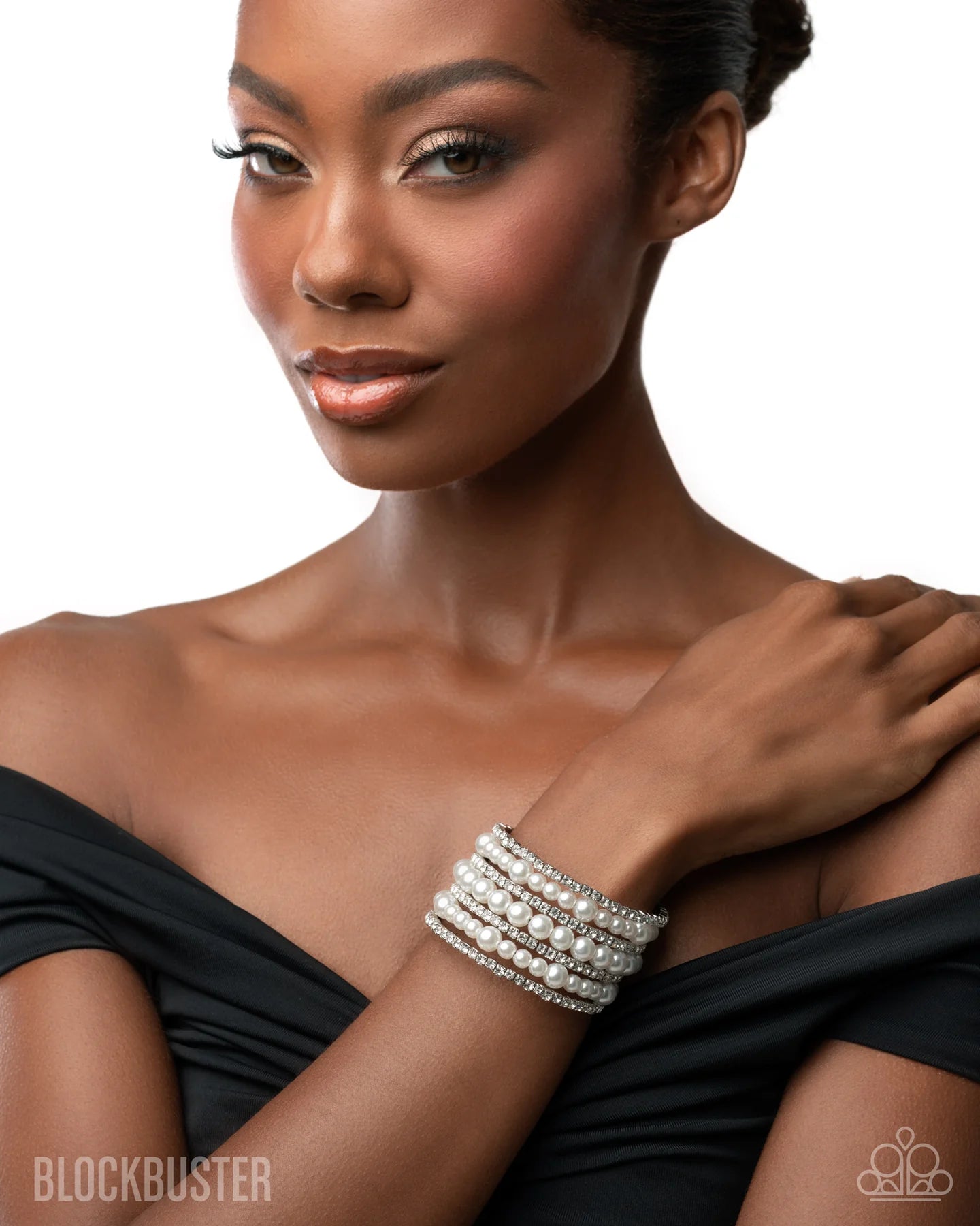 Finalized Flair - White Pearl Rhinestone Silver Coil Bracelet - Blockbuster 2025 Exclusive - Paparazzi B2454
