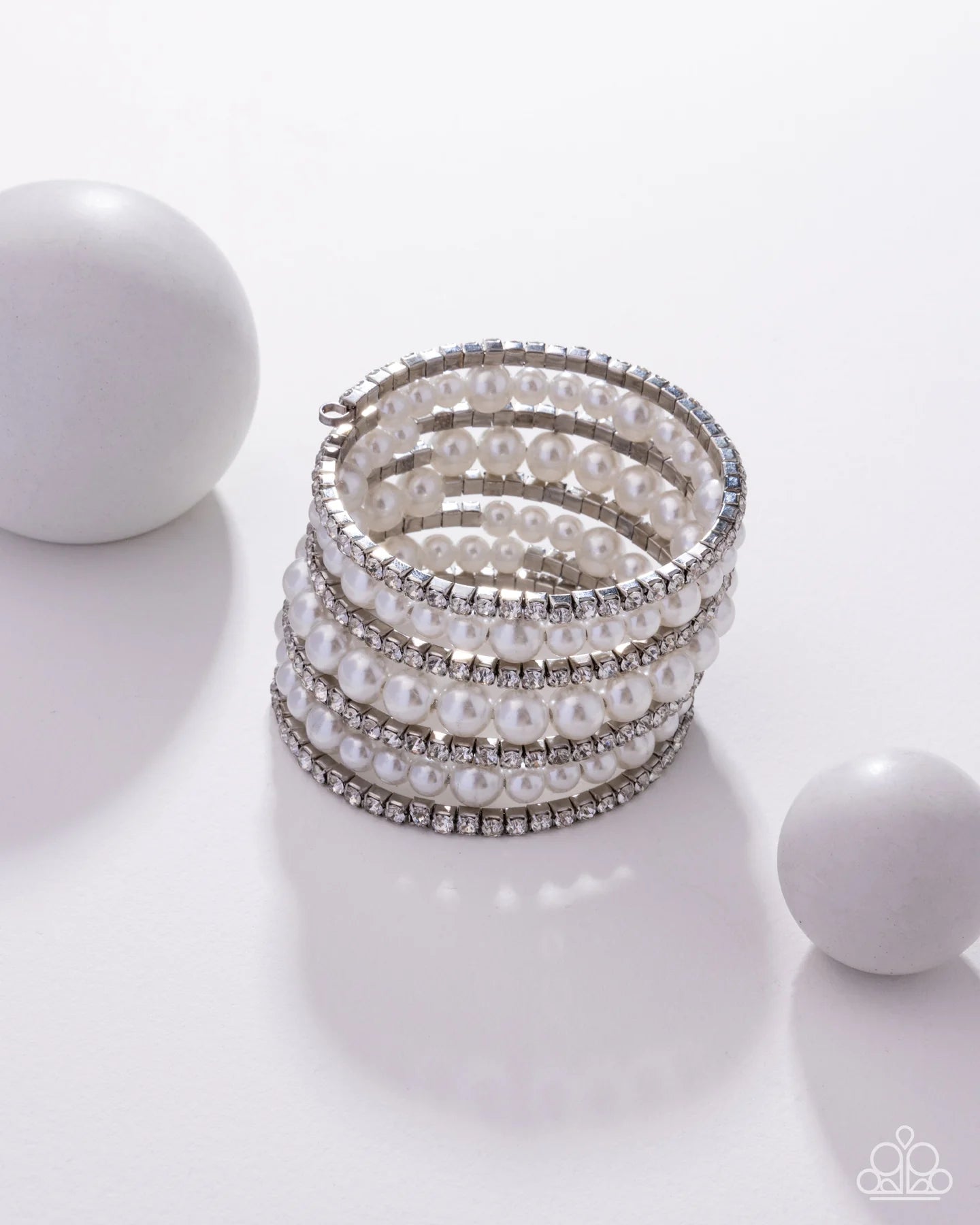 Finalized Flair - White Pearl Rhinestone Silver Coil Bracelet - Blockbuster 2025 Exclusive - Paparazzi B2454