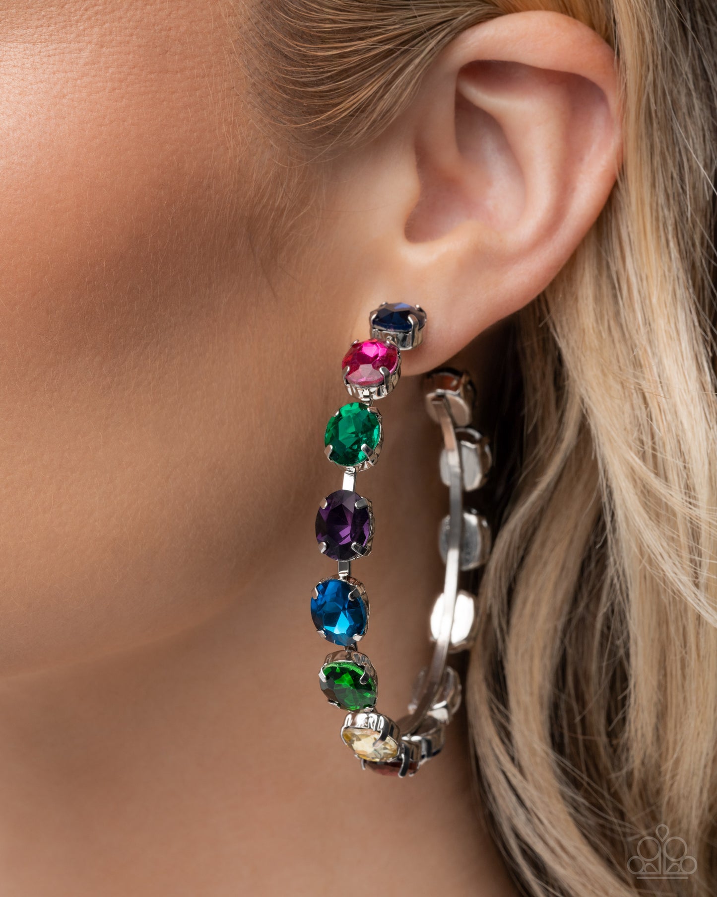 Grand Finale Glitz - Multicolored Gem 2 3/4 Inch Hoop Earring Paparazzi 2025 Convention Exclusive E3009