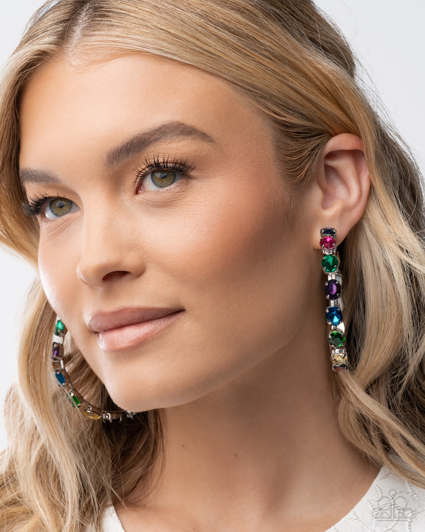 Grand Finale Glitz - Multicolored Gem 2 3/4 Inch Hoop Earring Paparazzi 2025 Convention Exclusive E3009