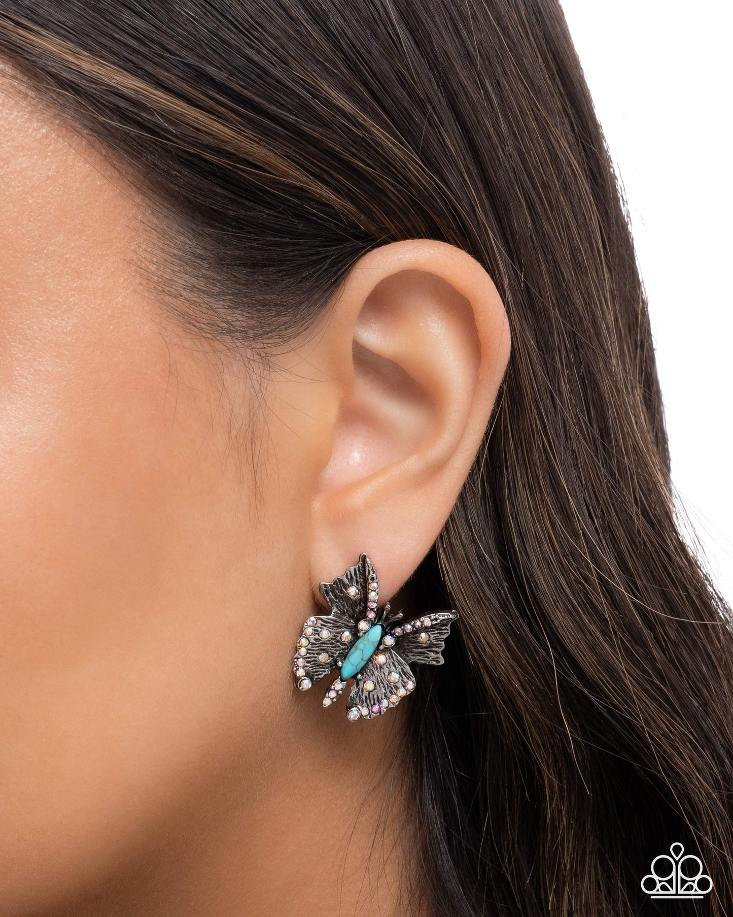 Paparazzi Hovering Harmony - Blue Turquoise Stone Silver Butterfly Post Earring
