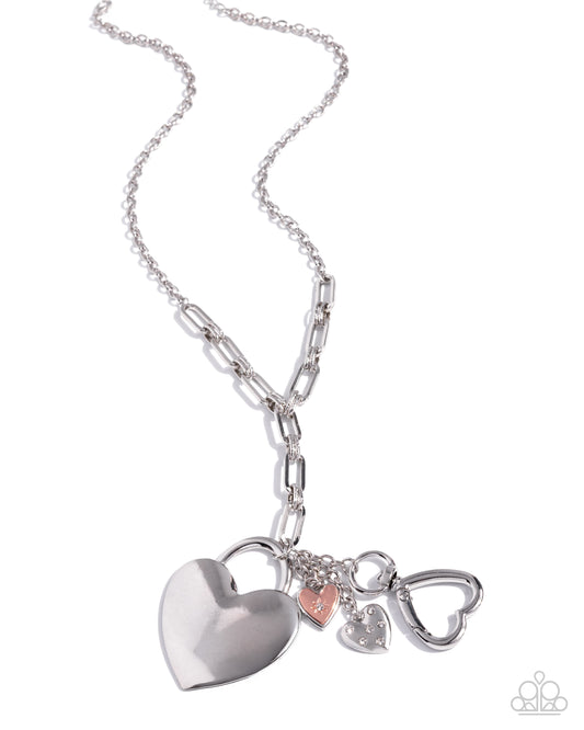 Paparazzi Elegant Empathy - Multi White Rhinestone Silver Heart, Heart Padlock, Shiny Copper Heart Charm Style Necklace N3849