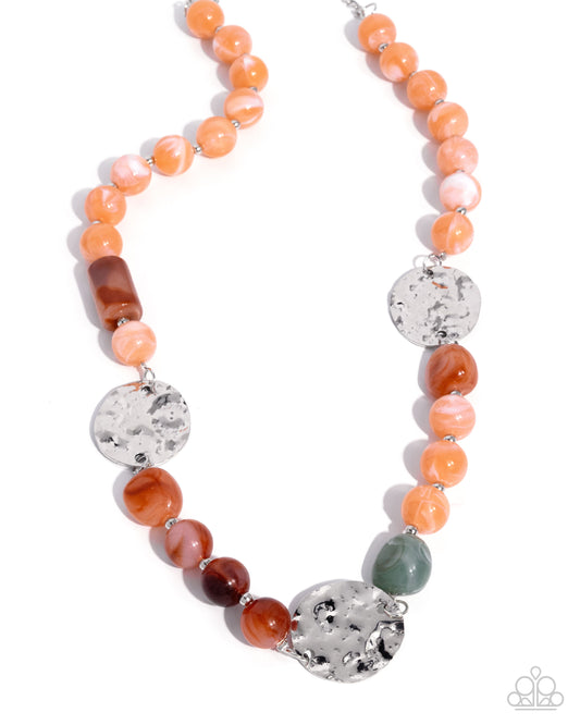 Contemplative Chic - Multicolored Acrylics Orange, Green, Brown & Hammered Silver Disc Necklace Paparazzi N3642