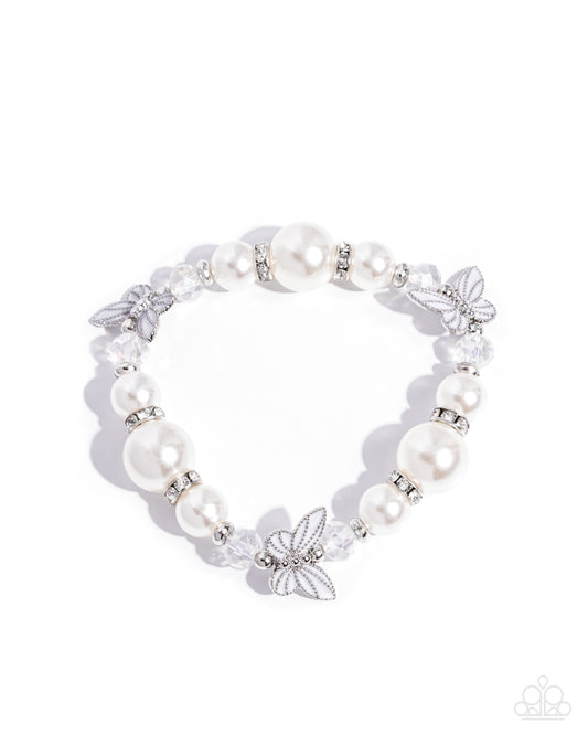 Paparazzi Soaring Sheen - White Pearl, Rhinestone & White Pearl Painted Butterfly Stretch Bracelet